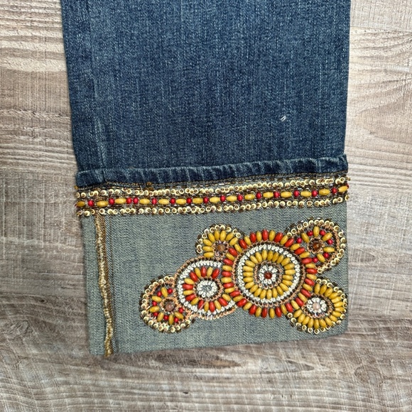 Y2K Cache Size 6 Denim Capri Jeans Cropped Blue Rhinestones Beaded Cuffed - Picture 5 of 13